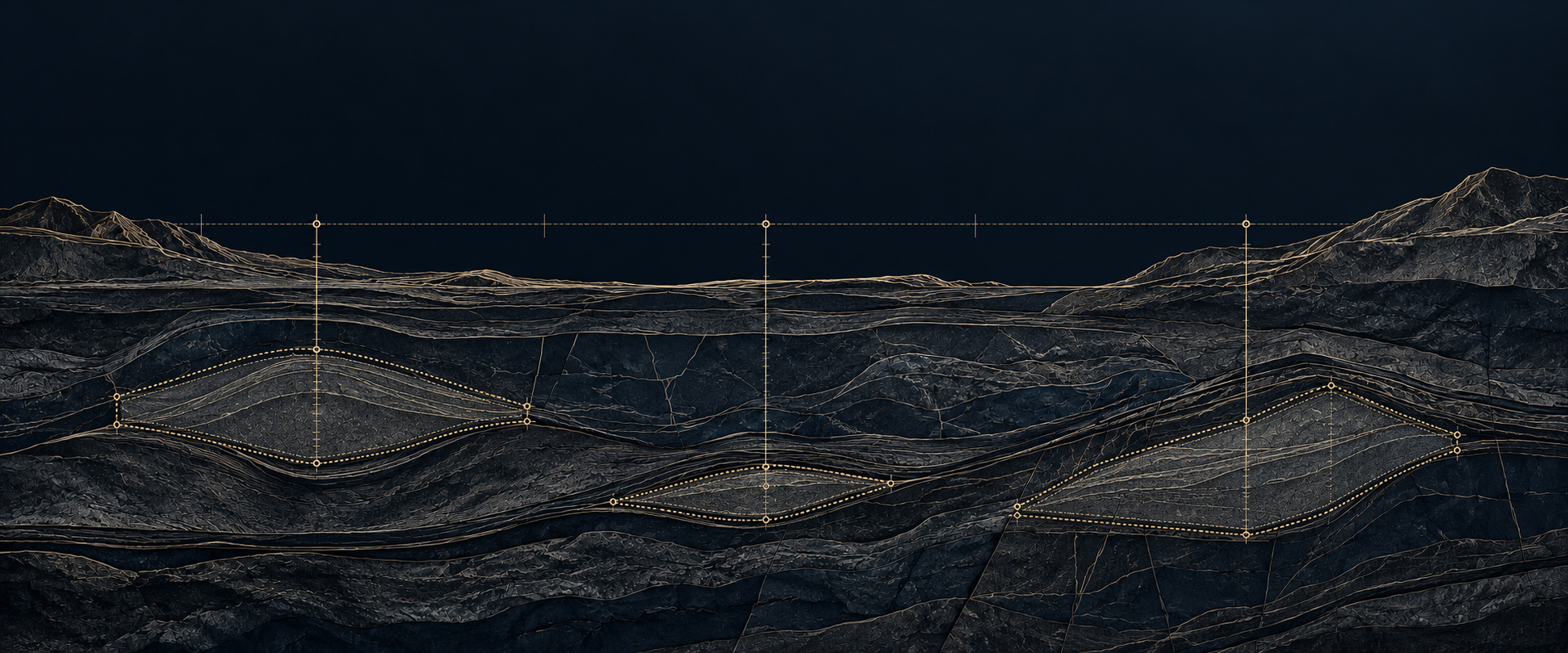 Measured geological interest boundaries with technical survey markers, drawn in muted gold
