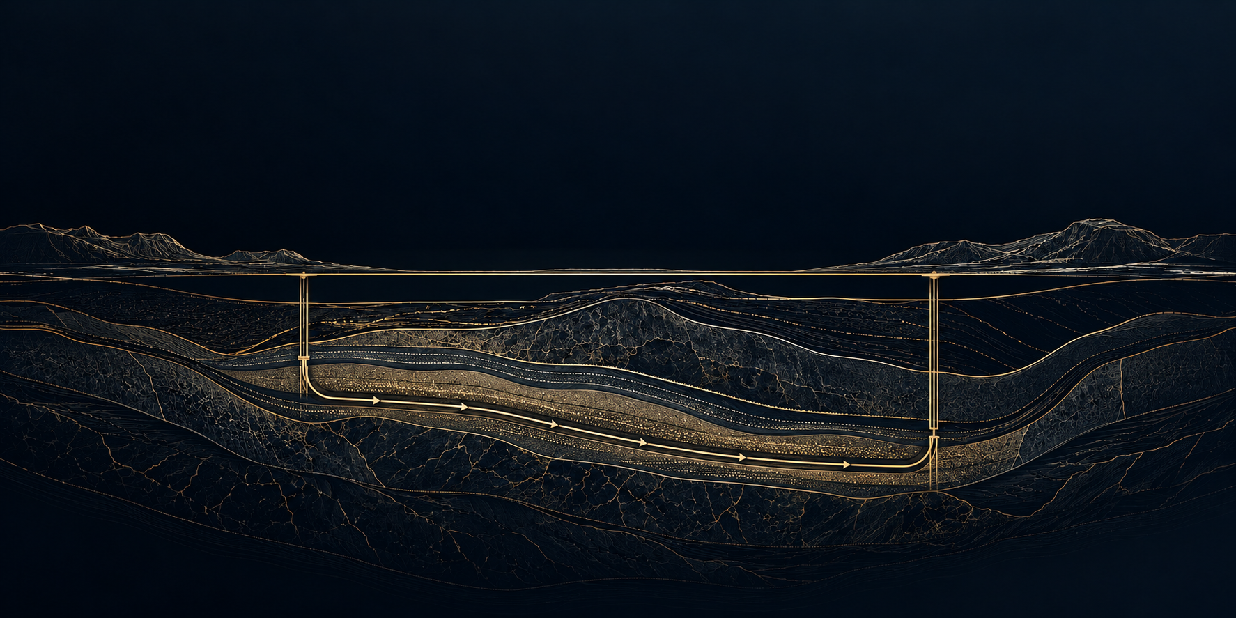 Subtle production pathway within a geological cross-section, drawn in fine muted-gold lines